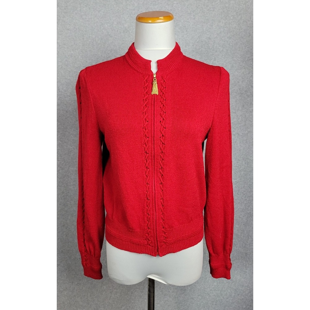 St John Collection Red Santana Knit Zip Cardigan Jacket Gold Tassel Pull Size 4